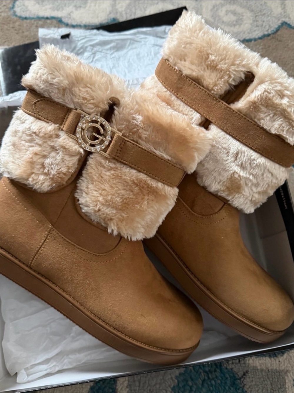Suede Faux-Fur Ankle Boots - Tan